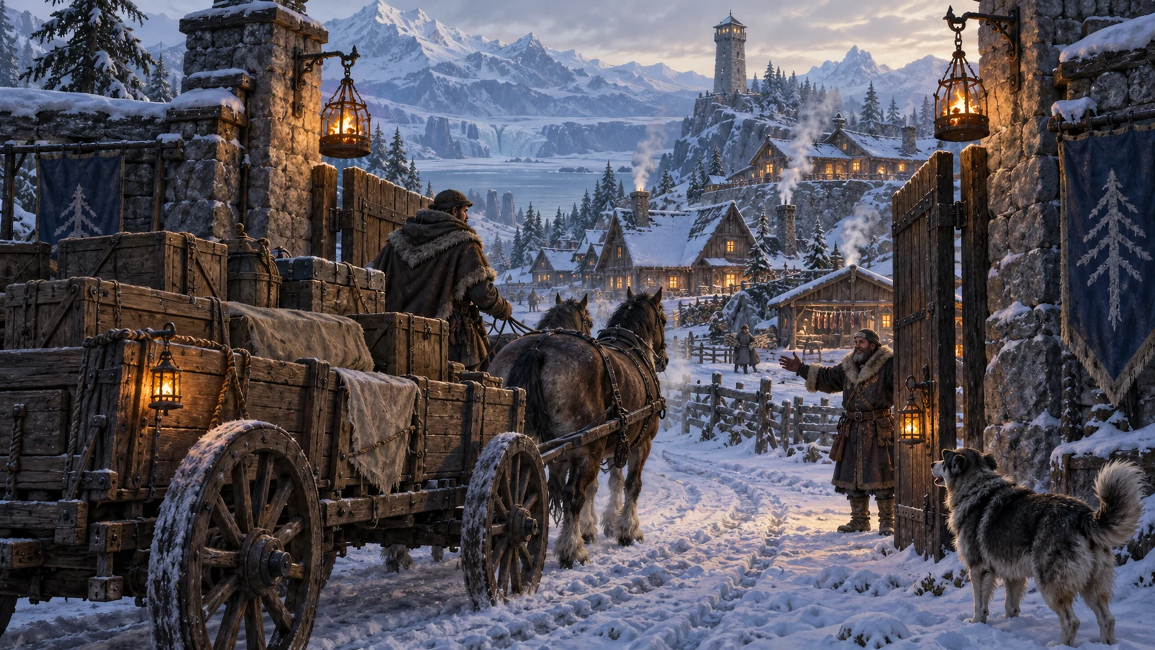 A provisions wagon arriving through a village gate